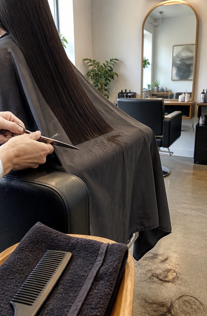 Long dark hair over a cape as scissors trim the ends