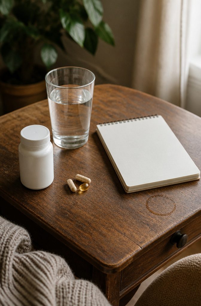 Hair vitamins and supplement bottles arranged together on a counter
