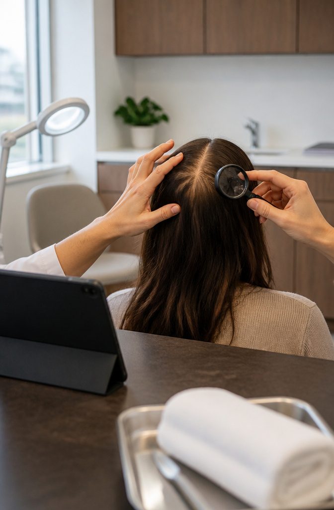Dermatologist examining a patient’s thinning scalp with a handheld magnifier