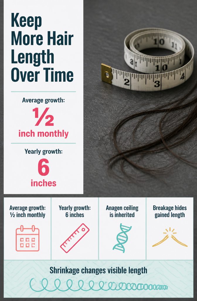Hair length retention infographic comparing growth with breakage over time