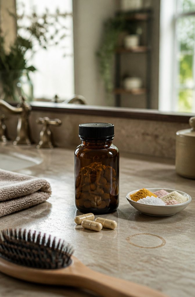 Hair, skin, and nail vitamins pictured for a beauty supplement article