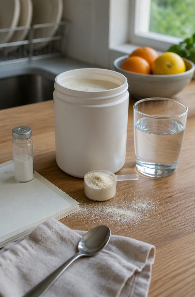 Plain collagen tub with pale powder scoop beside water and a certificate
