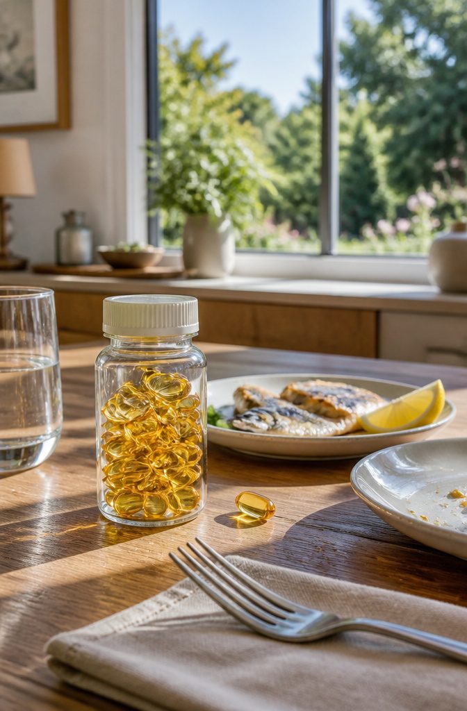 Plain fish oil bottle with two golden capsules and oily fish with lemon