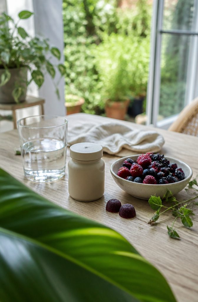 Plain supplement jar with two gummies and a shallow bowl of berries