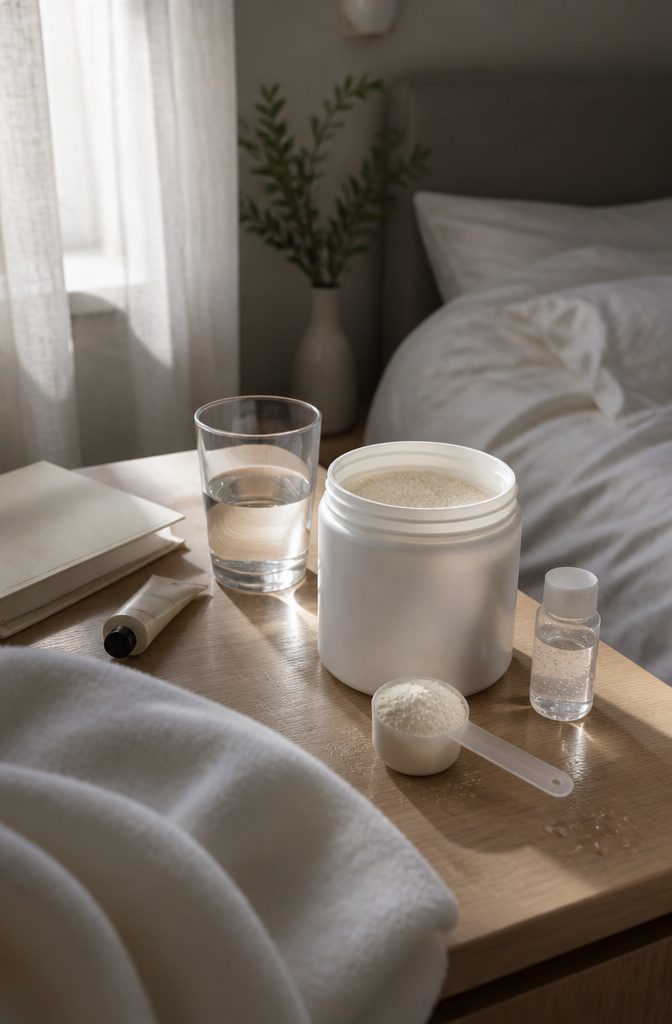 Plain collagen jar with water glass scoop of powder and small vial
