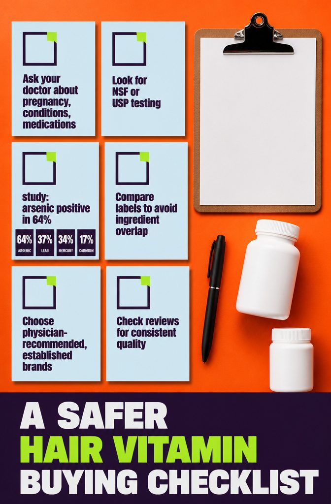 Information graphic titled A Safer Hair Vitamin Buying Checklist