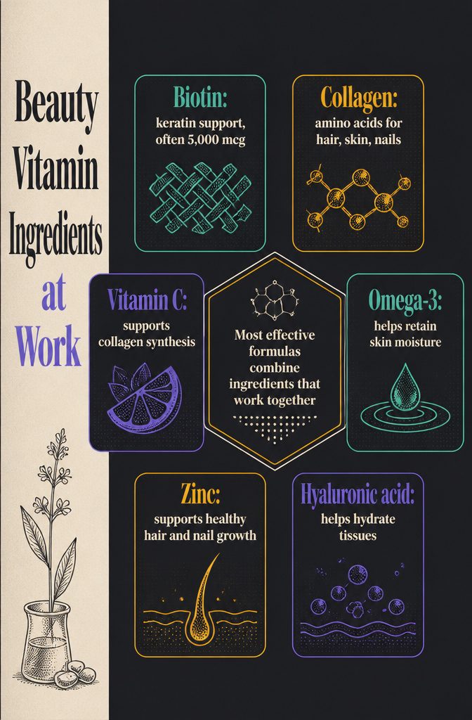 Information graphic titled Beauty Vitamin Ingredients at Work