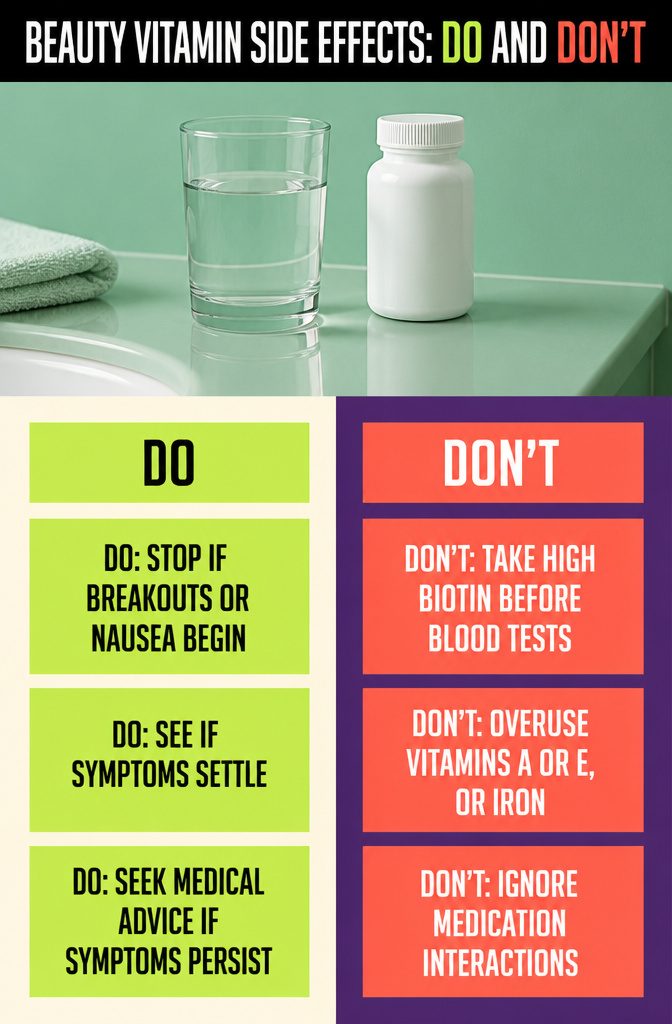Information graphic titled Beauty Vitamin Side Effects Do and Don’t