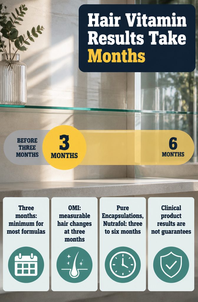 Information graphic titled Hair Vitamin Results Take Months