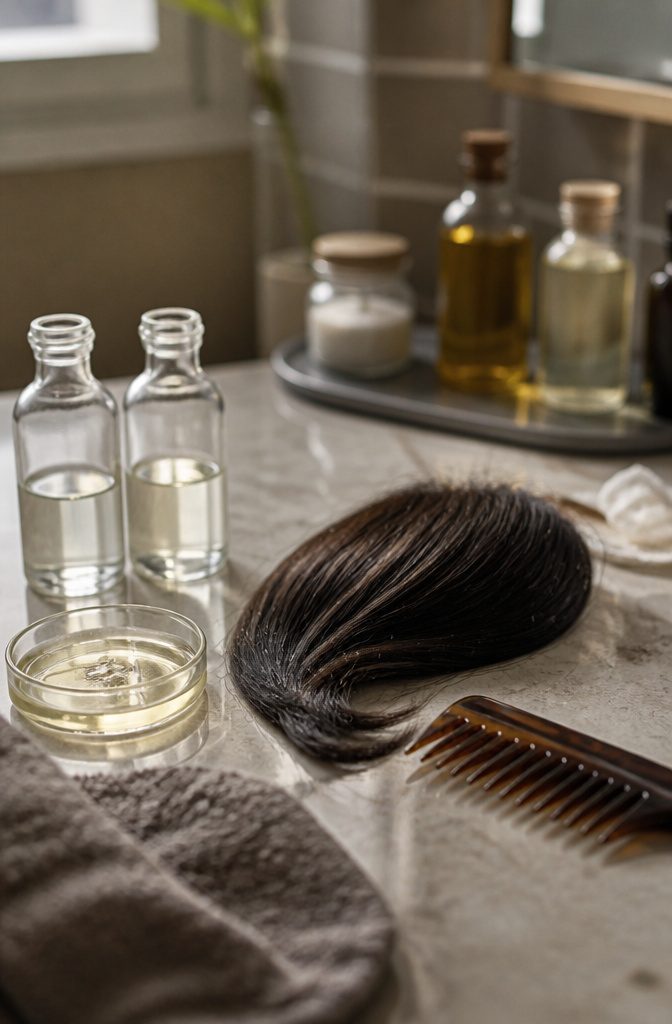Hair oil article photograph showing a scalp and strands