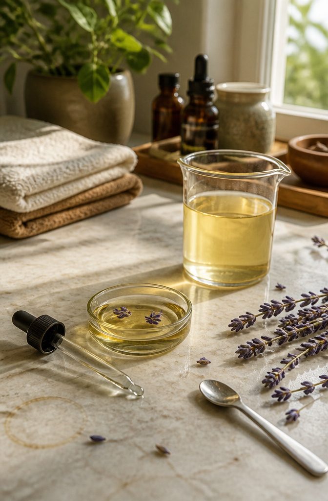 Lavender essential oil drops beside jojoba carrier oil and lavender flowers