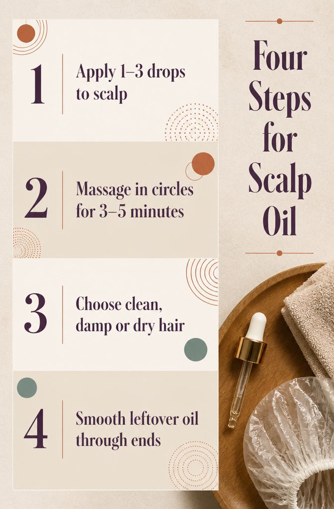 Scalp oiling graphic with four numbered application steps