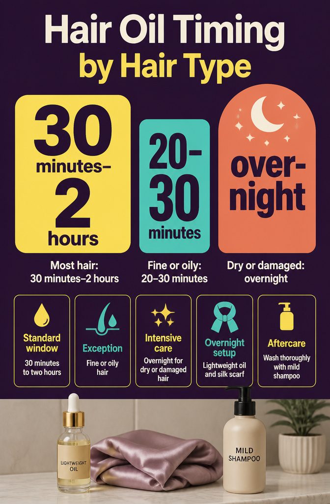 Hair oil timing graphic with guidance for different hair types