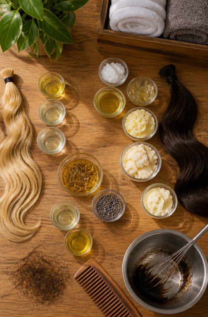 Hair oil article photograph showing hair and scalp