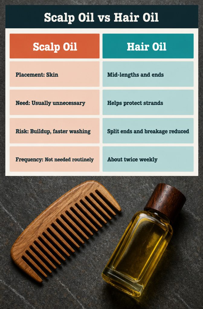 Scalp oil and hair oil comparison graphic with separate labels