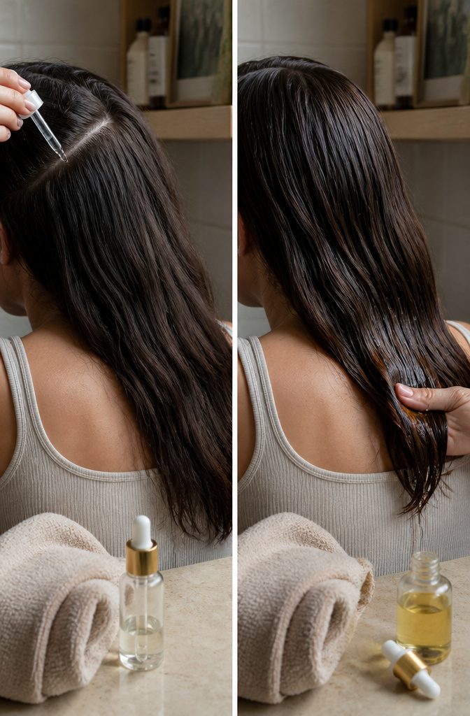 Hair oil article photograph showing hair and scalp