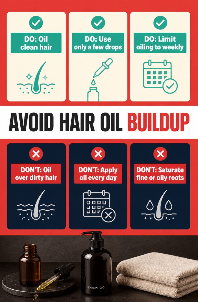 Hair oil buildup graphic with a list of application mistakes
