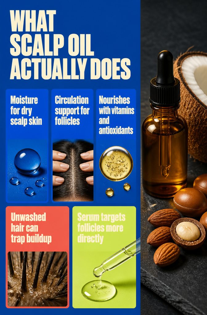 Scalp oil information graphic with text about its effects