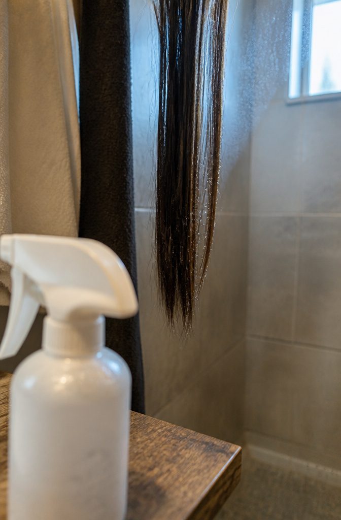 Clean hair strands with distinct water droplets beside darker mist-soaked strands