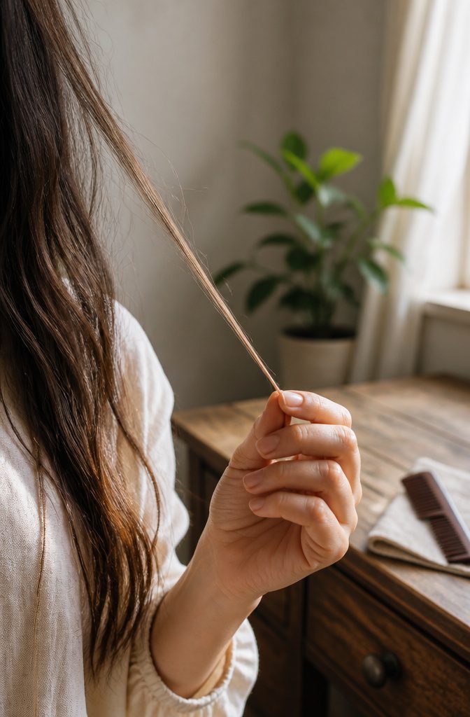 Single hair strand held between fingertips against a neutral blouse
