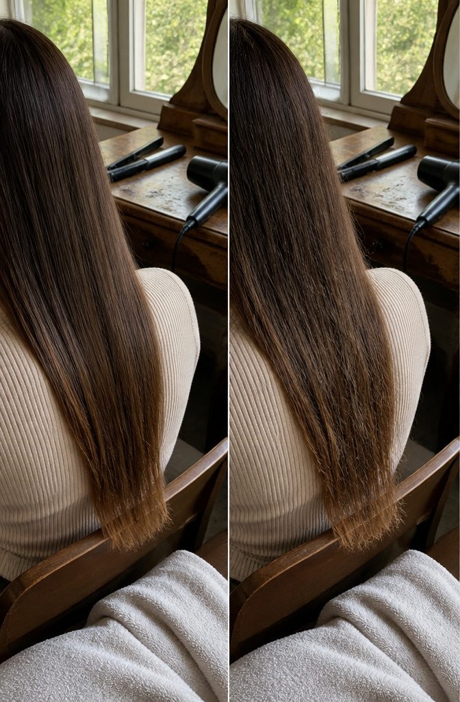 Hair strand showing smoother cuticle near the root and more worn ends