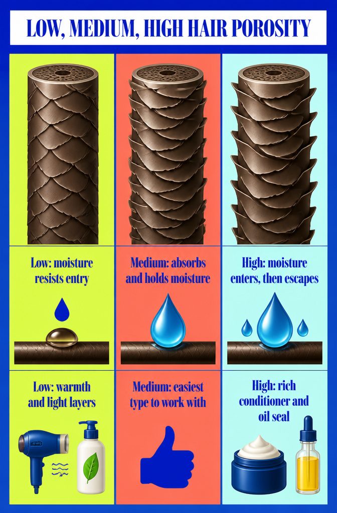 Three hair cuticle diagrams showing low medium and high porosity