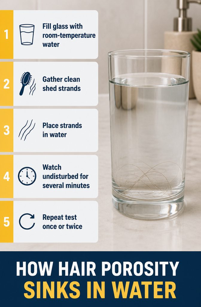 Clean shed hair strands floating at different levels in a clear glass of water