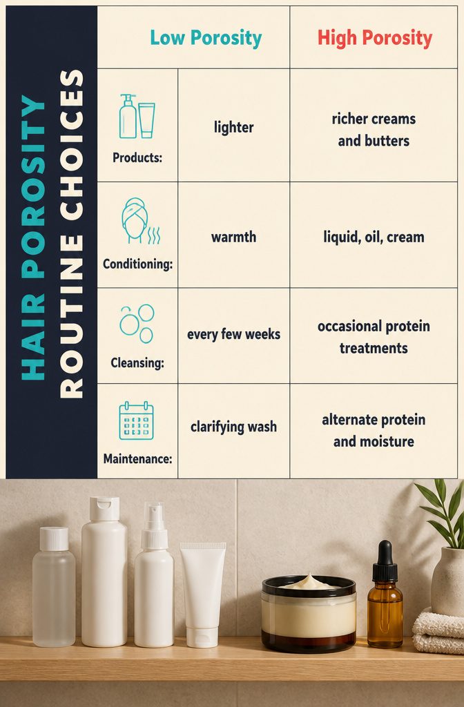 Hair porosity routine infographic comparing product choices for different porosity types