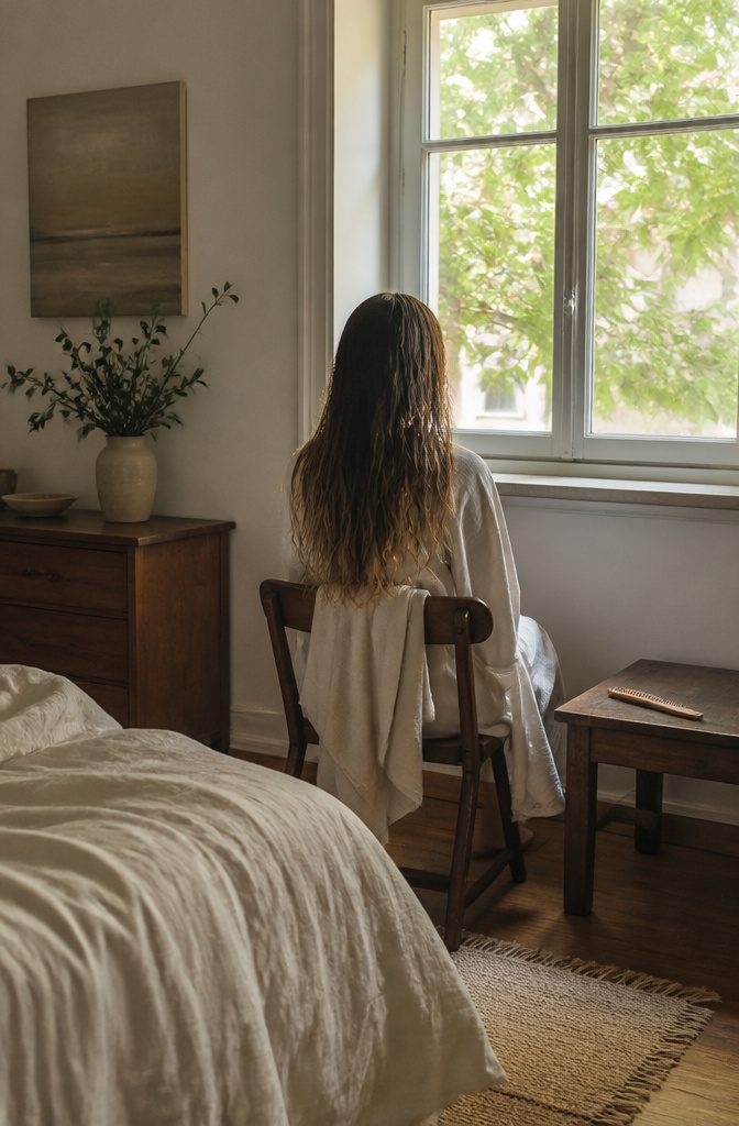 Long hair showing damp roots and faster-drying ends after washing