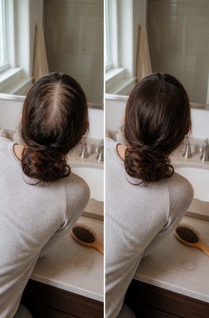 Woman with diffuse thinning across the crown and a widened center part