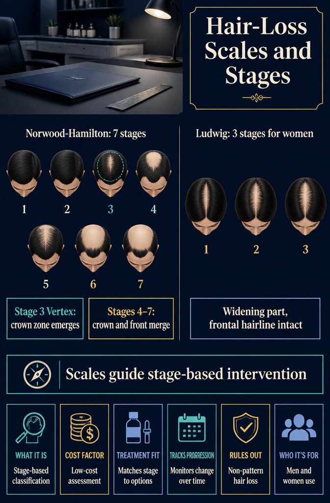 Hair-loss staging chart showing Norwood-Hamilton and Ludwig scales