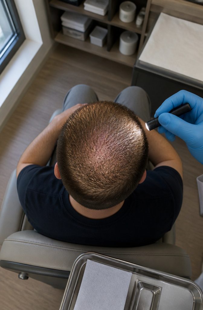 Crown hair transplant showing grafts placed around the natural hair swirl
