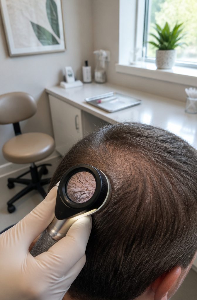 Clinician holding a dermoscope against a patient's scalp to examine hair thickness