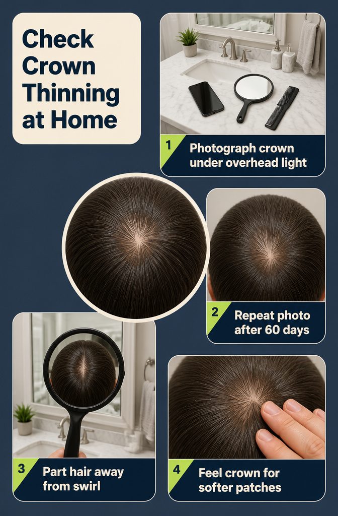 Crown-thinning check graphic with an overhead photo and mirror test