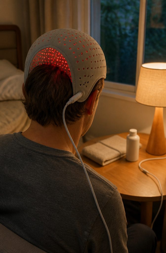 Person using a red-light therapy device on the scalp
