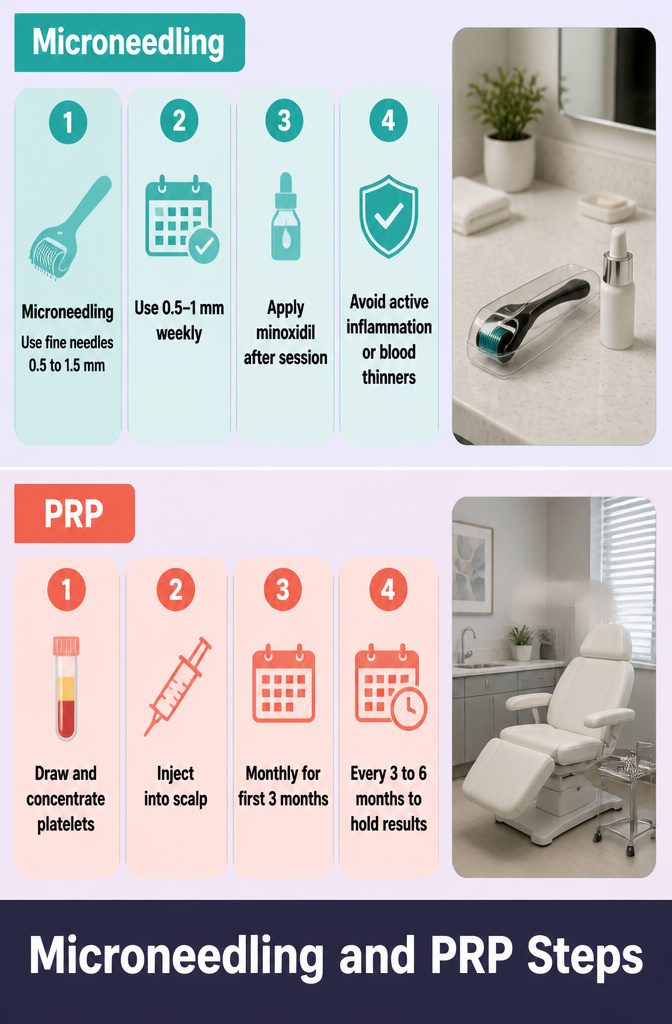 Treatment steps graphic showing microneedling and platelet-rich plasma