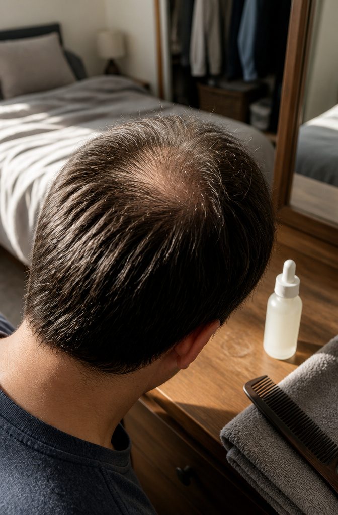 Crown hair thinning with scalp visible between strands