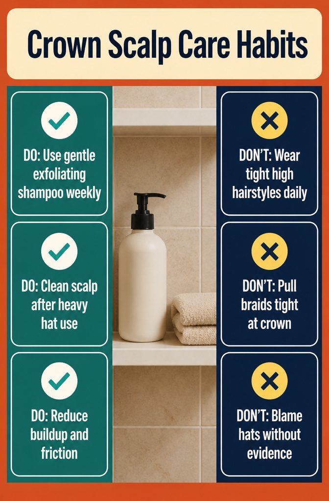 Scalp care graphic showing gentle washing and loose hairstyles