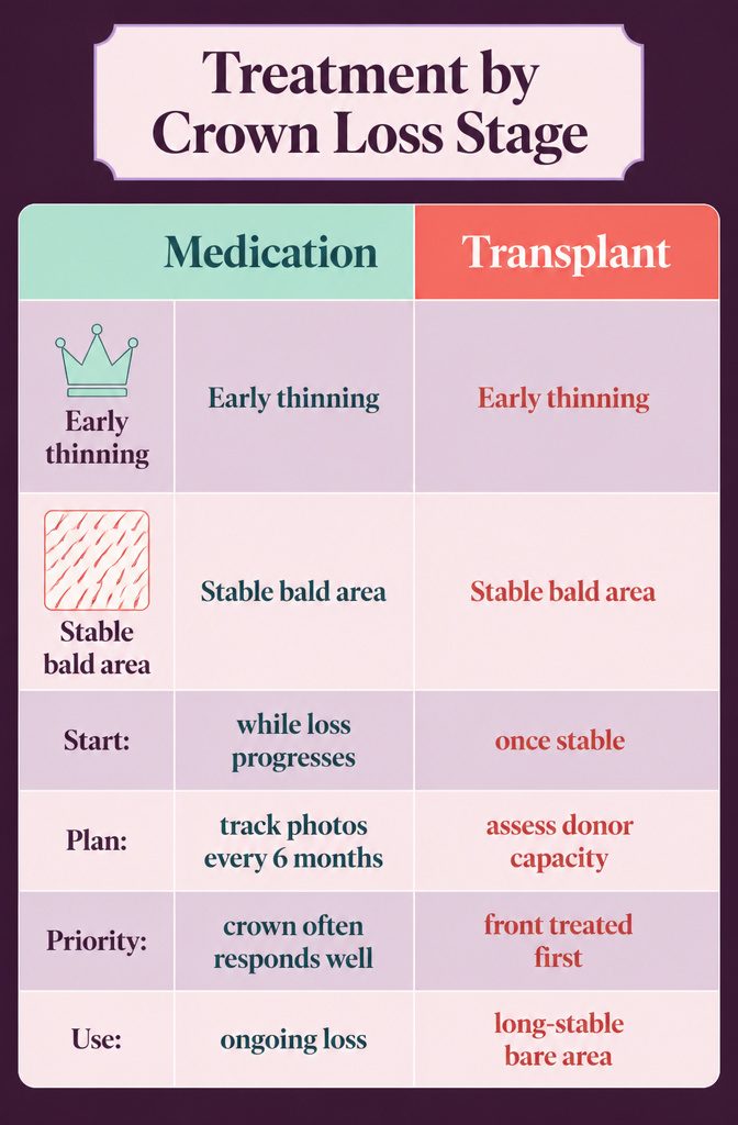 Treatment chart comparing options for early and advanced crown hair loss