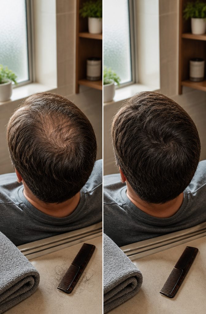 Crown of a head with thinning hair and visible scalp