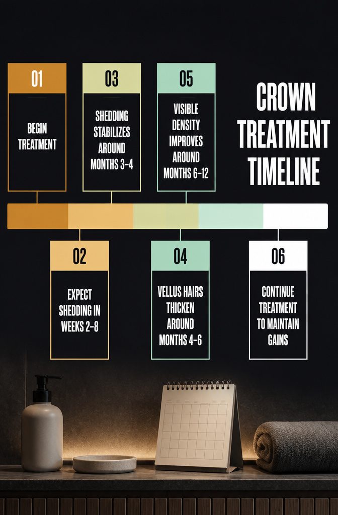Crown treatment timeline showing shedding and stages of hair regrowth