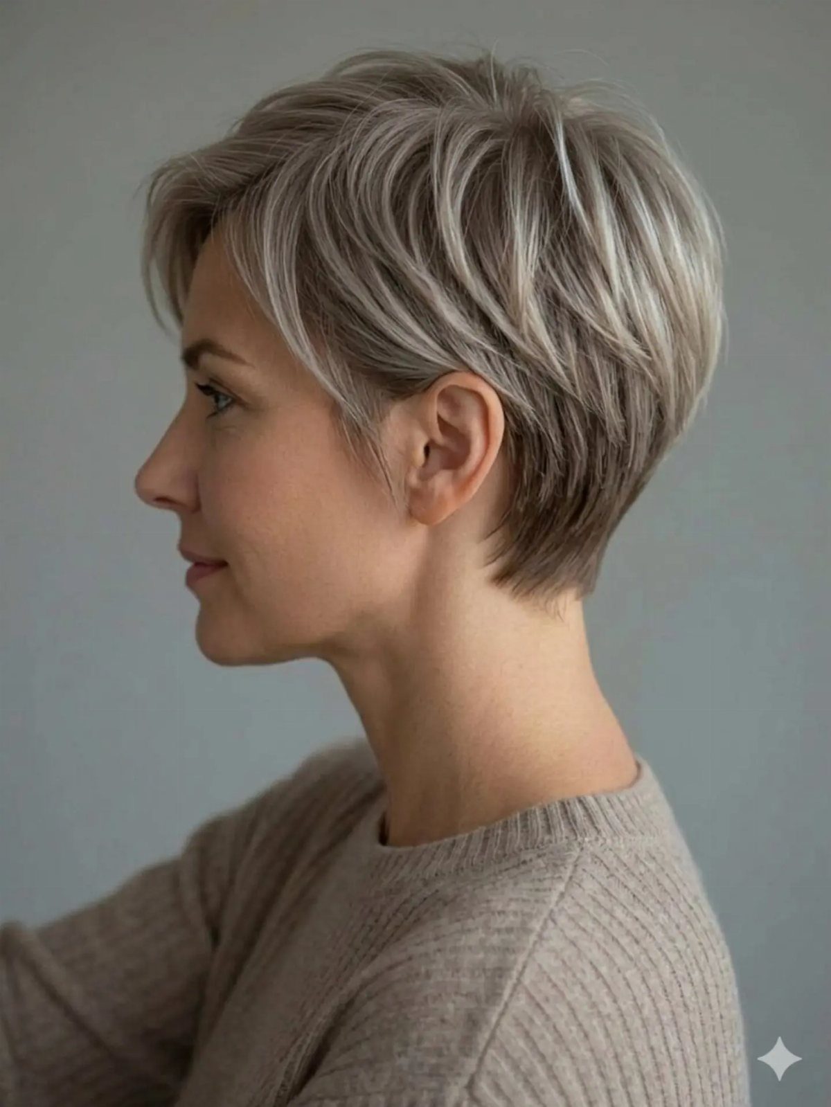 Woman with a short, layered silver-grey pixie haircut in a side profile view.