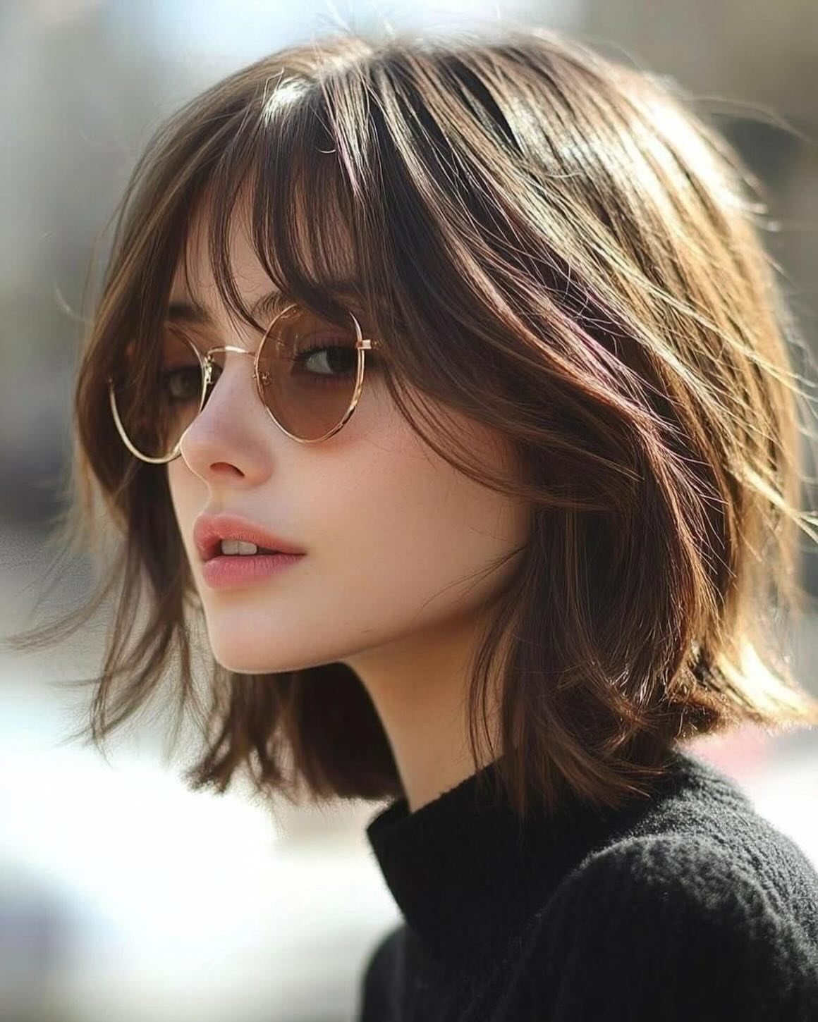 Woman with brown shoulder-length bob and long wispy bangs wearing round sunglasses.