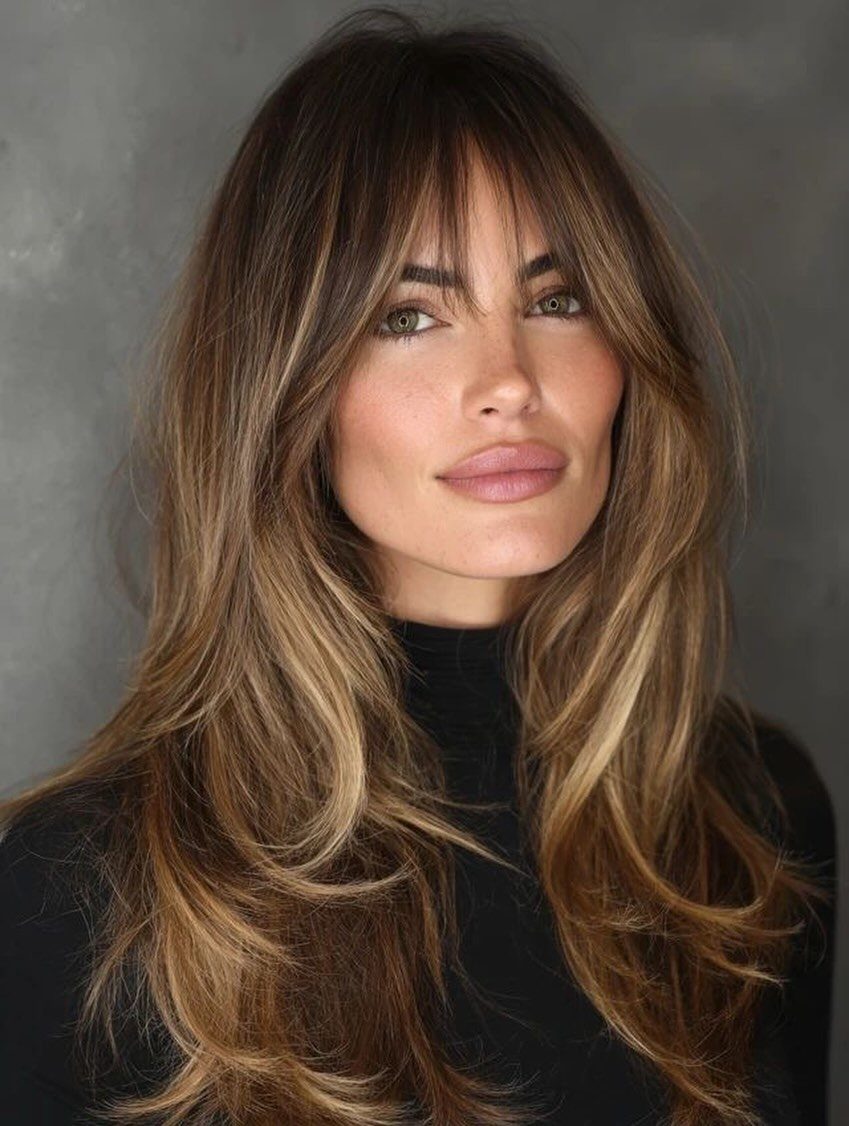 Woman with long layered brown hair and curtain bangs wearing a black turtleneck.