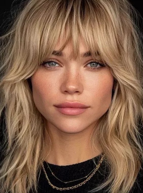 Woman with blonde layered hair and long wispy bangs looking at the camera.