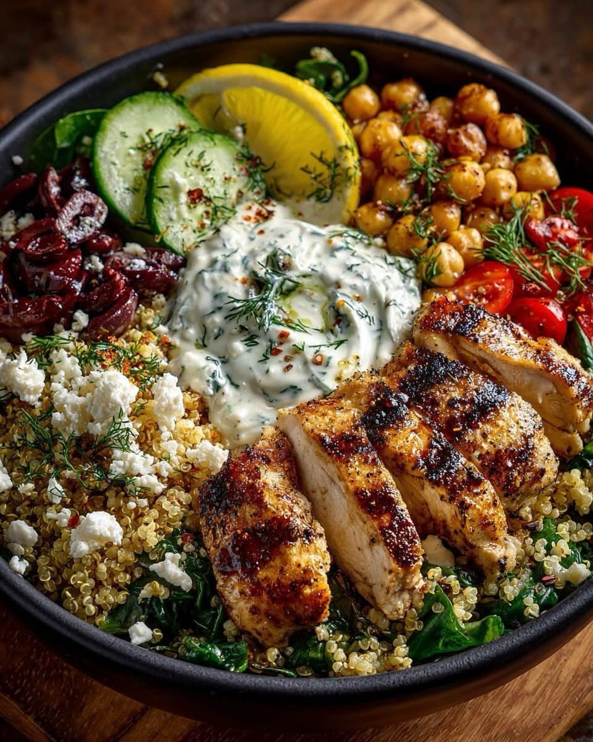 Mediterranean bowl with grilled chicken, quinoa, chickpeas, feta, and fresh vegetables.