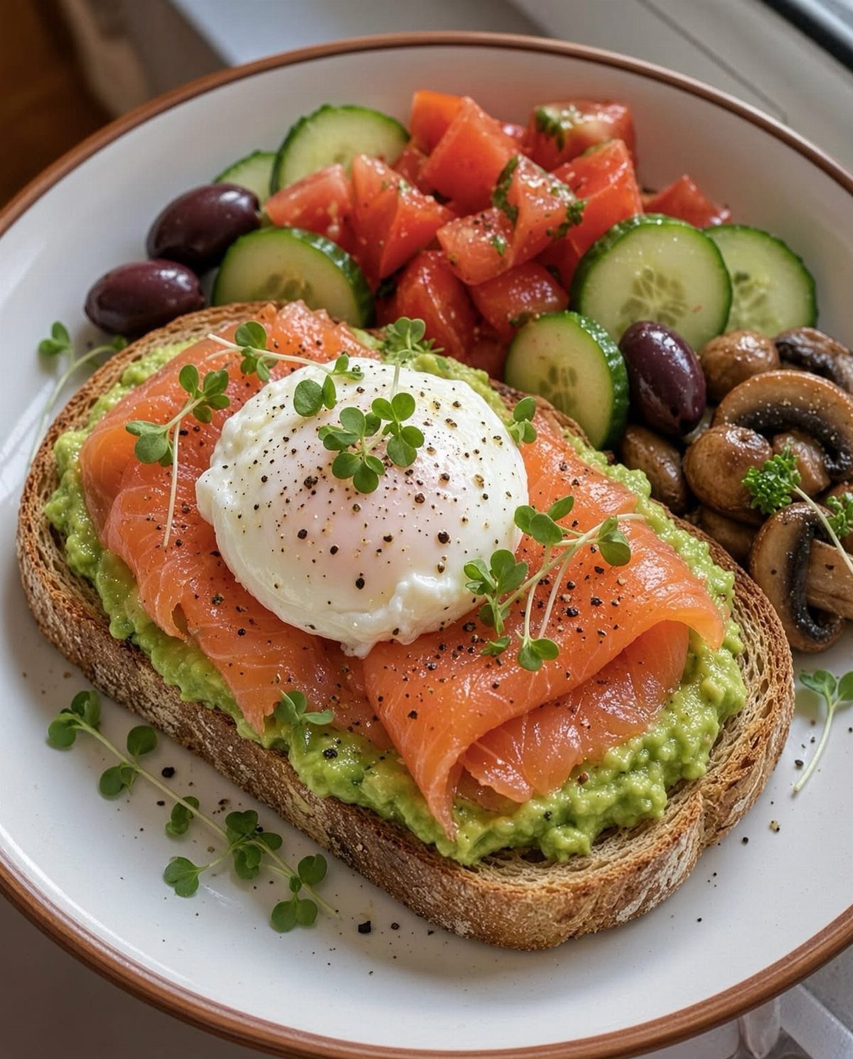 Avocado toast with smoked salmon and poached egg served with a fresh vegetable salad.