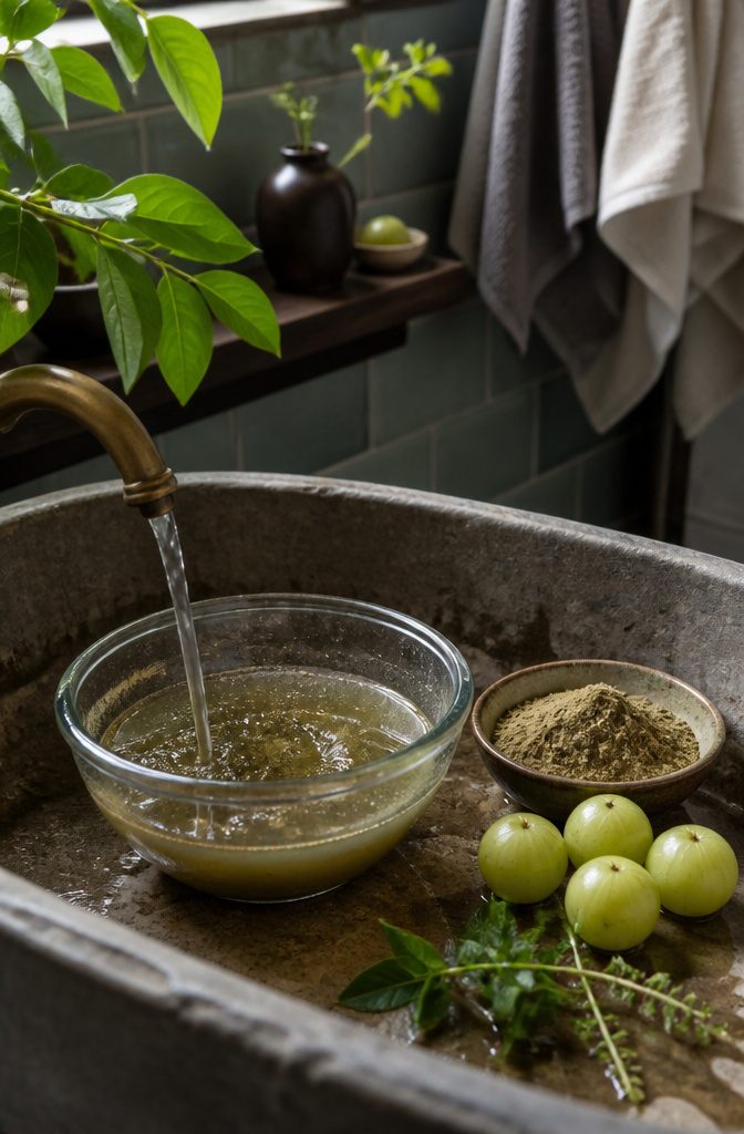 Amla fruit and powder arranged for a herbal hair treatment