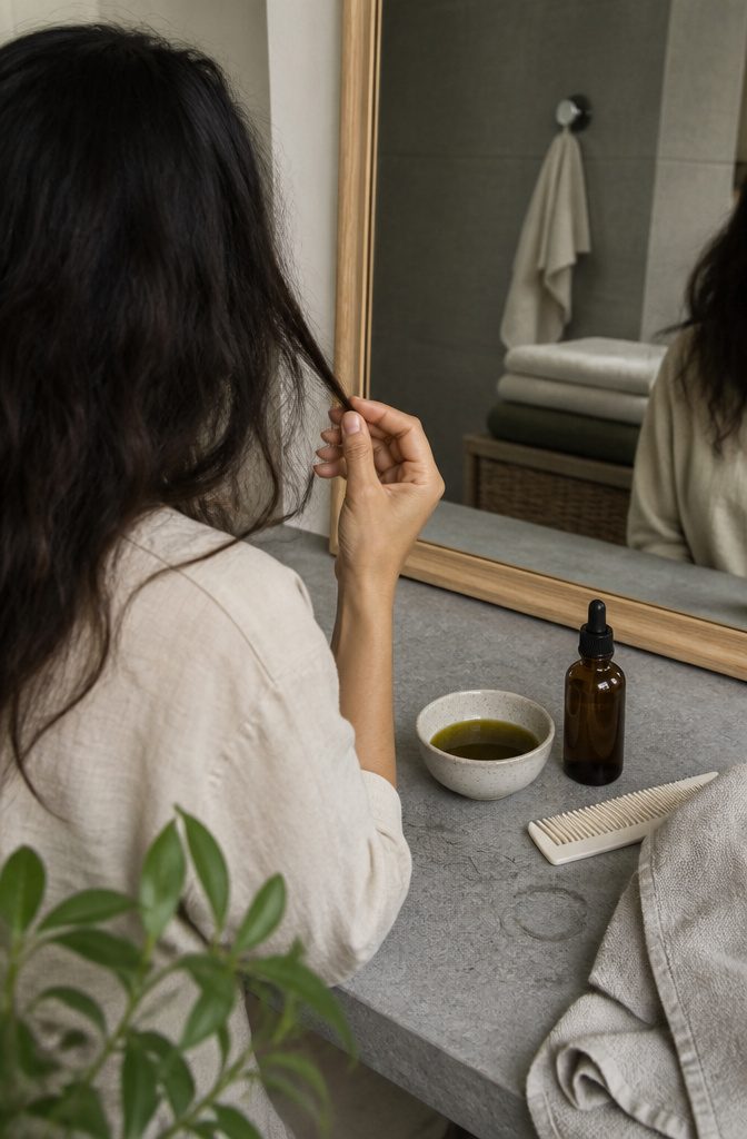 Person examining hair beside a bathroom mirror and a bowl of herbal rinse