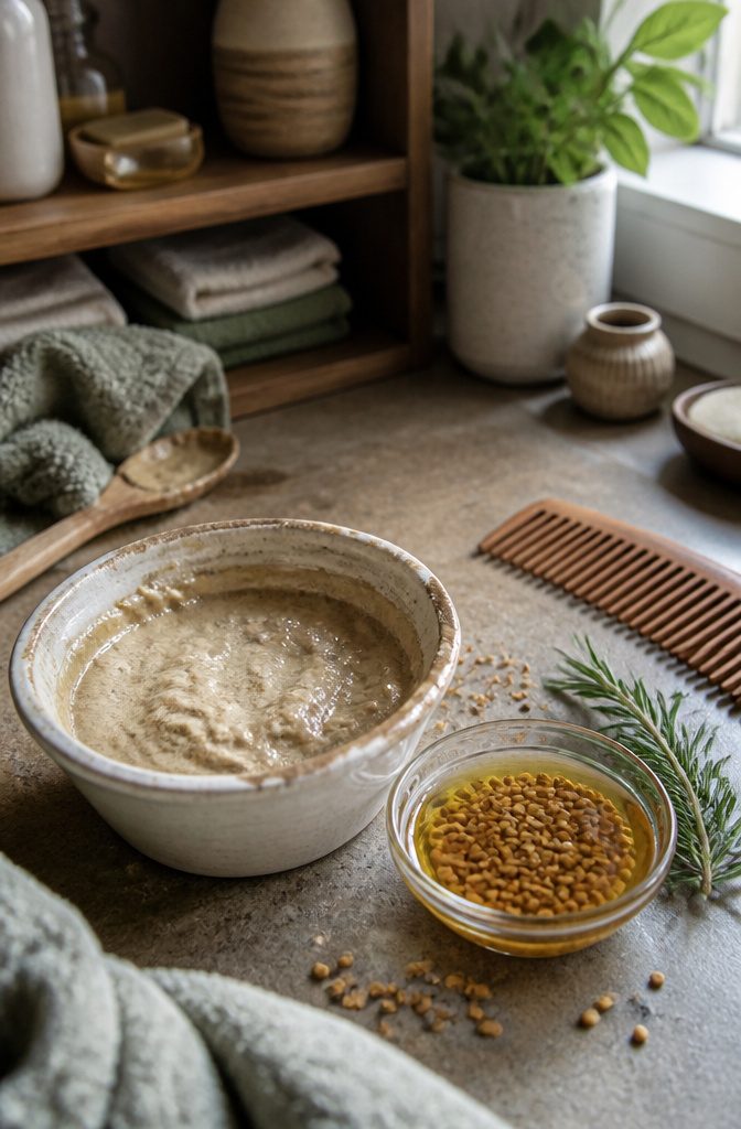 Fenugreek paste in a bowl beside seeds soaking in olive oil